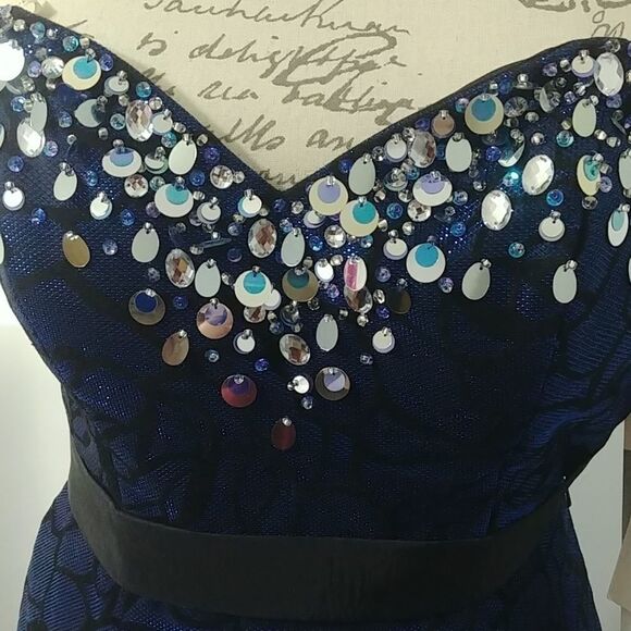 NWT Jasmine Mermaid Style Navy Sequined Strapless Prom Dress 2 - Picture 4 of 10